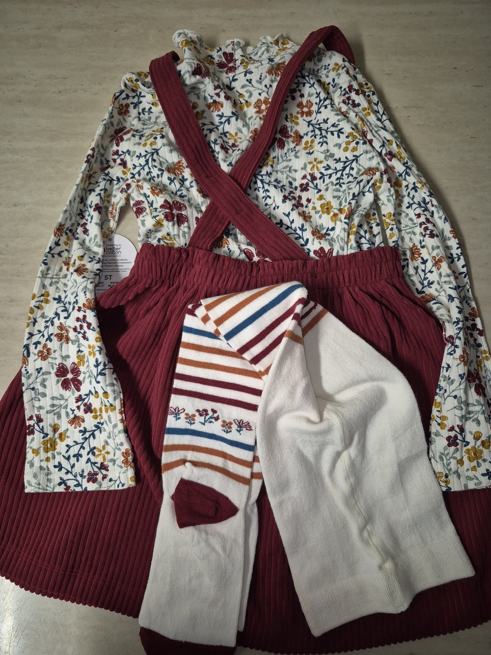 Girls Floral Ruffle Neck Top with Burgundy Corduroy Suspender Skirt